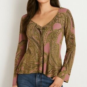 Vintage y2k Blouse SMALL Pink Brown Paisley 2000s Long Sleeve V Neck Ruffle